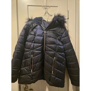 Women's Jessica Simpson Navy Puffer Jacket with Faux Fur Hood L